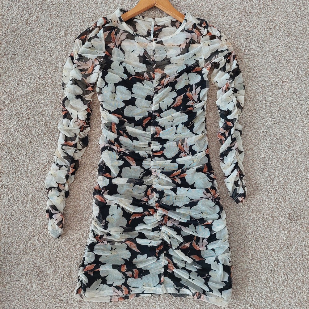 Abercrombie & Fitch Floral Mesh Ruched Mini Dress Long Sleeve Size XS - Picture 5 of 7